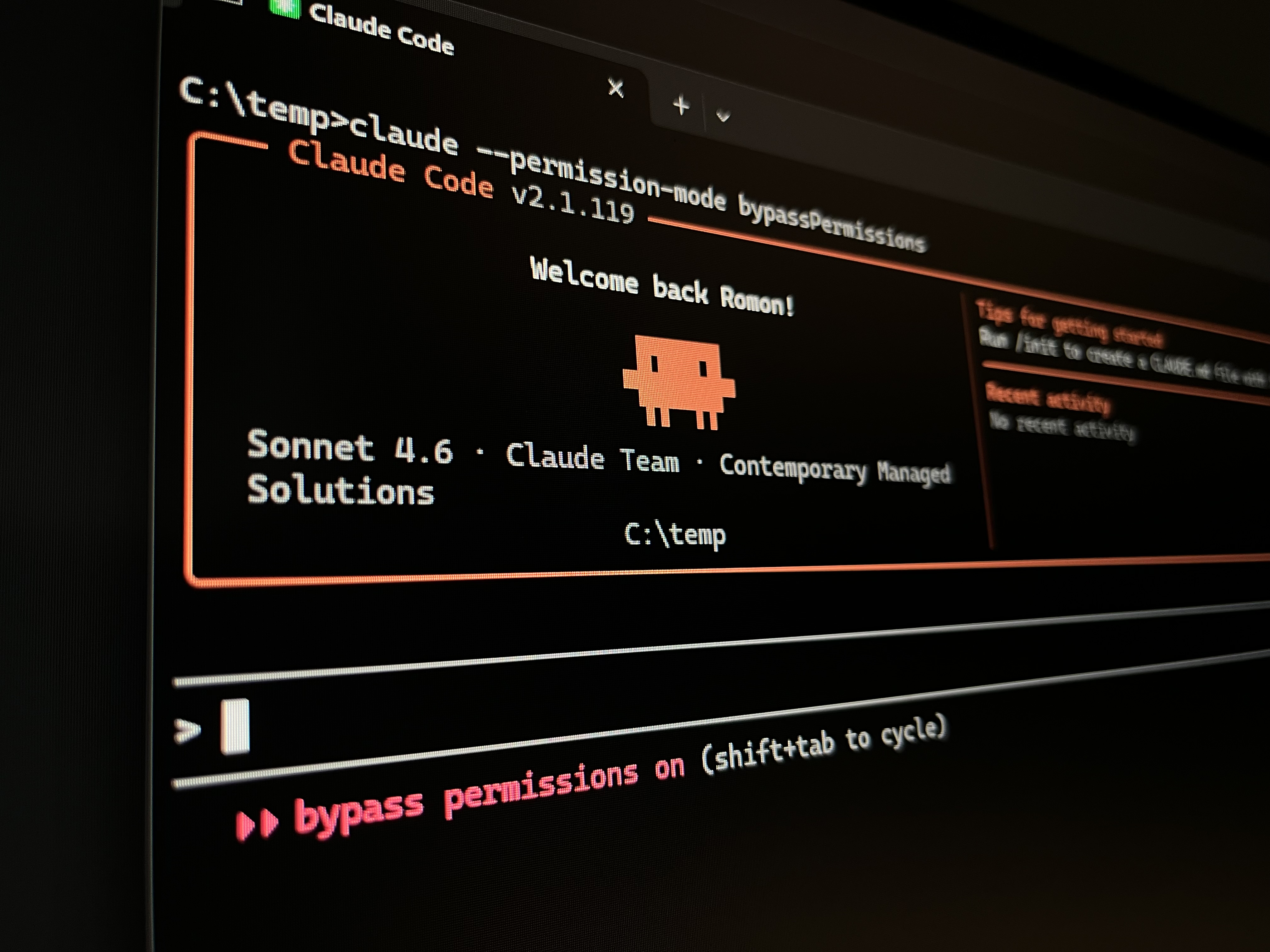 Claude Code terminal showing bypass permissions enabled